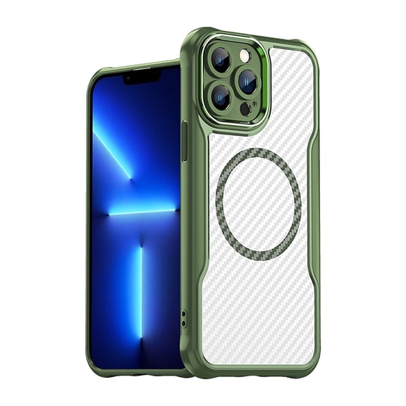 Carbon Fiber Texture Magnetic Case for iPhone 13 Pro Max, Compatible with MagSafe,Translucent Matte Anti-Fingerprint Back Slim Shockproof Protection Phone Case,Green,For iPhone 13 Pro Max
