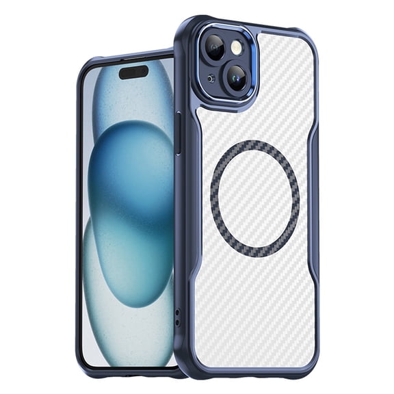 Carbon Fiber Texture Magnetic Case for iPhone 15, Compatible with MagSafe,Translucent Matte Anti-Fingerprint Back Slim Shockproof Protection Phone Case,Blue,For iPhone 15
