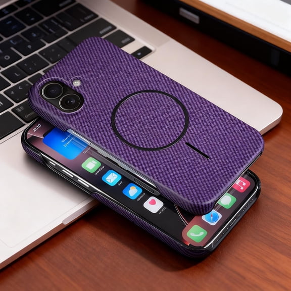 Carbon Fiber Texture Magnetic Case for iPhone 16, Compatible with Mag-Safe, Raised Camera and Screen Protection, Slim Lightweight Rugged Shockproof Phone Cover for iPhone 16, Purple