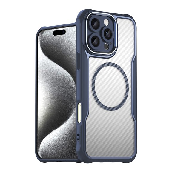 Carbon Fiber Texture Magnetic Case for iPhone 16 Pro Max, Compatible with MagSafe,Translucent Matte Anti-Fingerprint Back Slim Shockproof Protection Phone Case,Blue,For iPhone 16 Pro Max