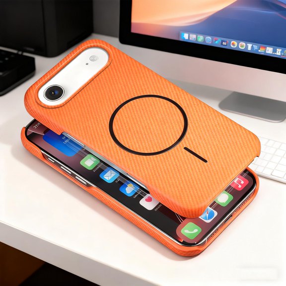 Carbon Fiber Texture Magnetic Case for iPhone Air, Compatible with Mag-Safe, Raised Camera and Screen Protection, Slim Lightweight Rugged Shockproof Phone Cover for iPhone Air, Orange