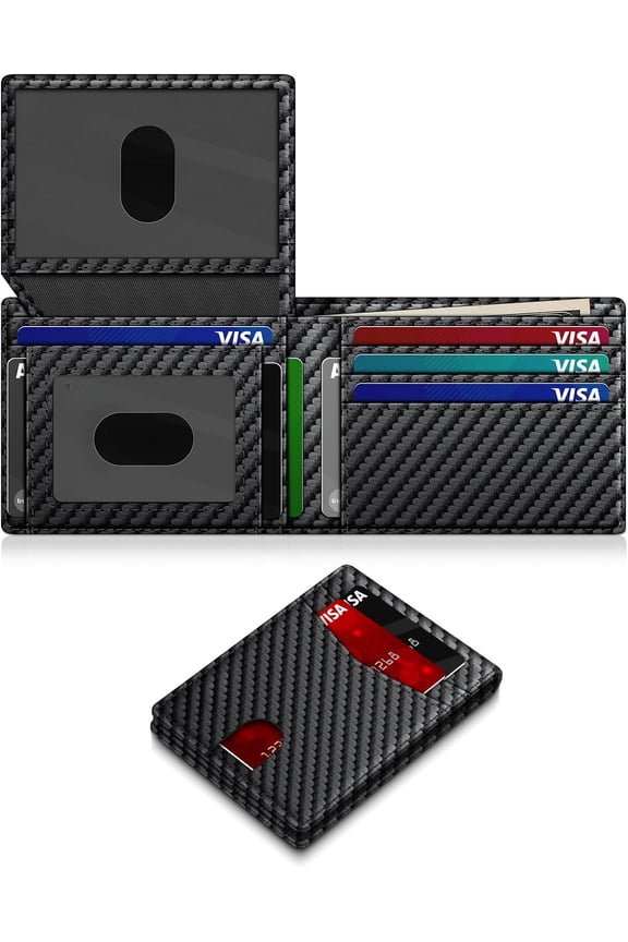 Carbon Fiber Texture RFID Blocking Bifold Wallet for Men, Multi Card Slots Slim ID Bill Fold Leather Credit Card Holder Daily Travel Purse Gift