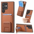 thumbnail image 1 of Carbon Fiber Texture Wallet Case for Samsung Galaxy S22 Ultra Phone Case with Card Holder and Kickstand, Magnetic for Galaxy S22 Ultra Car Mount Military Grade Shockproof Protection Cover, Brown, 1 of 10