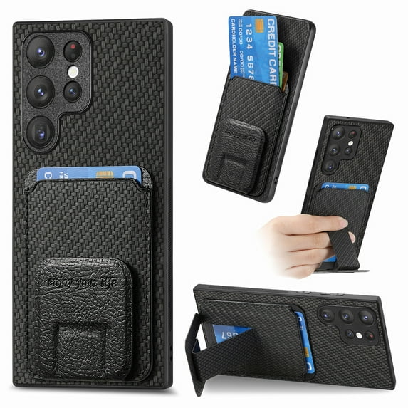 Carbon Fiber Texture Wallet Case for Samsung Galaxy S25 Ultra Phone Case with Card Holder and Kickstand, Magnetic for Galaxy S25 Ultra Car Mount Military Grade Shockproof Protection Cover, Black