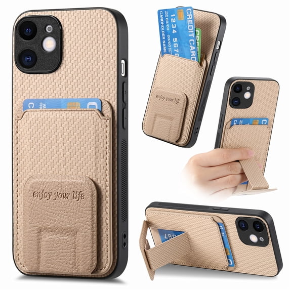 Carbon Fiber Texture Wallet Case for iPhone 12 Phone Case with Card Holder and Kickstand, Magnetic for iPhone 12 Car Mount Military Grade Shockproof Protection Cover, Khaki