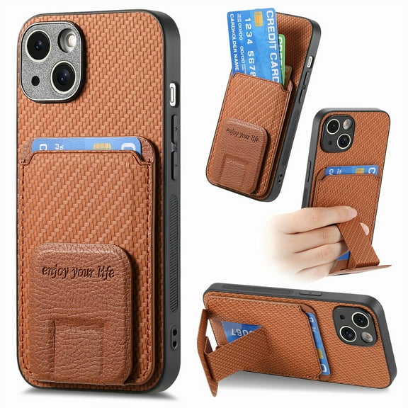 Carbon Fiber Texture Wallet Case for iPhone 13 Phone Case with Card Holder and Kickstand, Magnetic for iPhone 13 Car Mount Military Grade Shockproof Protection Cover, Brown