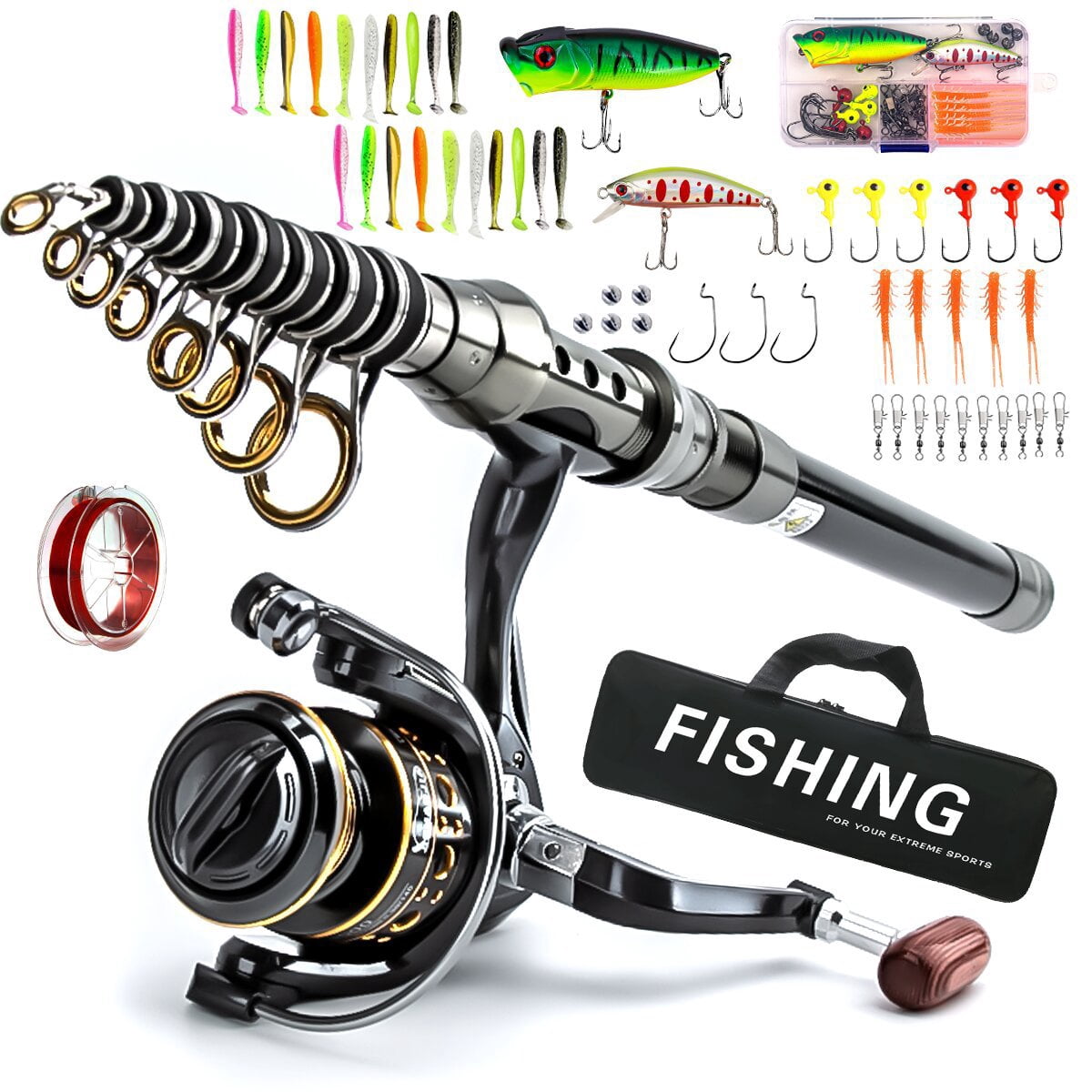 Carbon Fiber Travel Fishing Rod Corrosion-Resistant Saltwater Spinning Rod 5 Collapsible Section with Carry Bag Beach