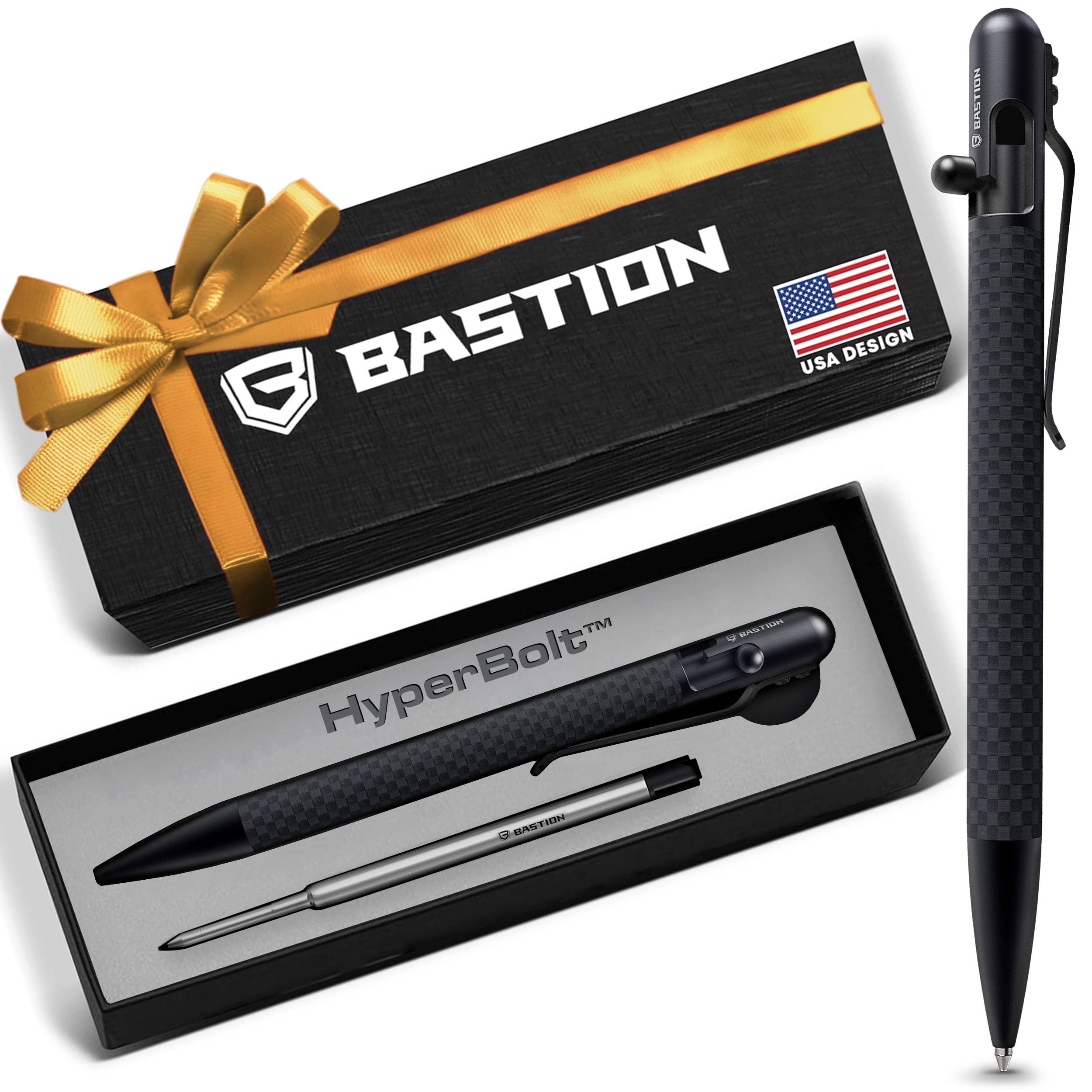 Bastion Carbon Fiber Bolt Action Pen, Black, Ballpoint Refillable, 1 Count