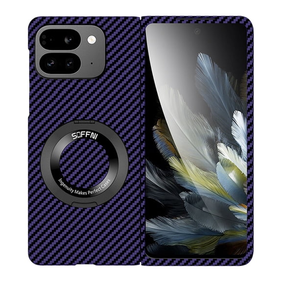 Carbon Fibre PC Case for Google Pixel 9 Pro Fold,Magnetic Compatible with MagSafe Case 360° Rotatable Ring Stand Ultra Slim Protective Cover for Google Pixel 9 Pro Fold,Darkpurple