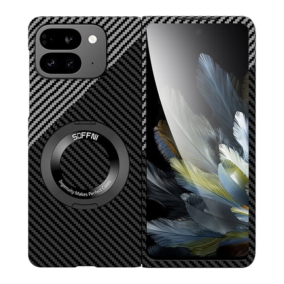 Carbon Fibre PC Case for Google Pixel 9 Pro Fold,Magnetic Compatible with MagSafe Case 360° Rotatable Ring Stand Ultra Slim Protective Cover for Google Pixel 9 Pro Fold,Black+Silver