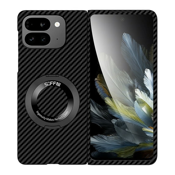 Carbon Fibre PC Case for Google Pixel 9 Pro Fold,Magnetic Compatible with MagSafe Case 360° Rotatable Ring Stand Ultra Slim Protective Cover for Google Pixel 9 Pro Fold,Black