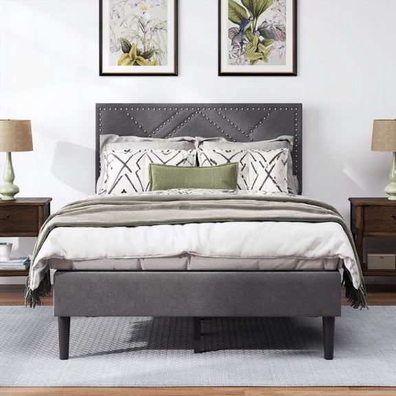 Carbon Gray Full Bed Frame - Sturdy & Stable, Linen Storage Headboard, No Noise, 7.2" Under Bed Storage, No Box Spring