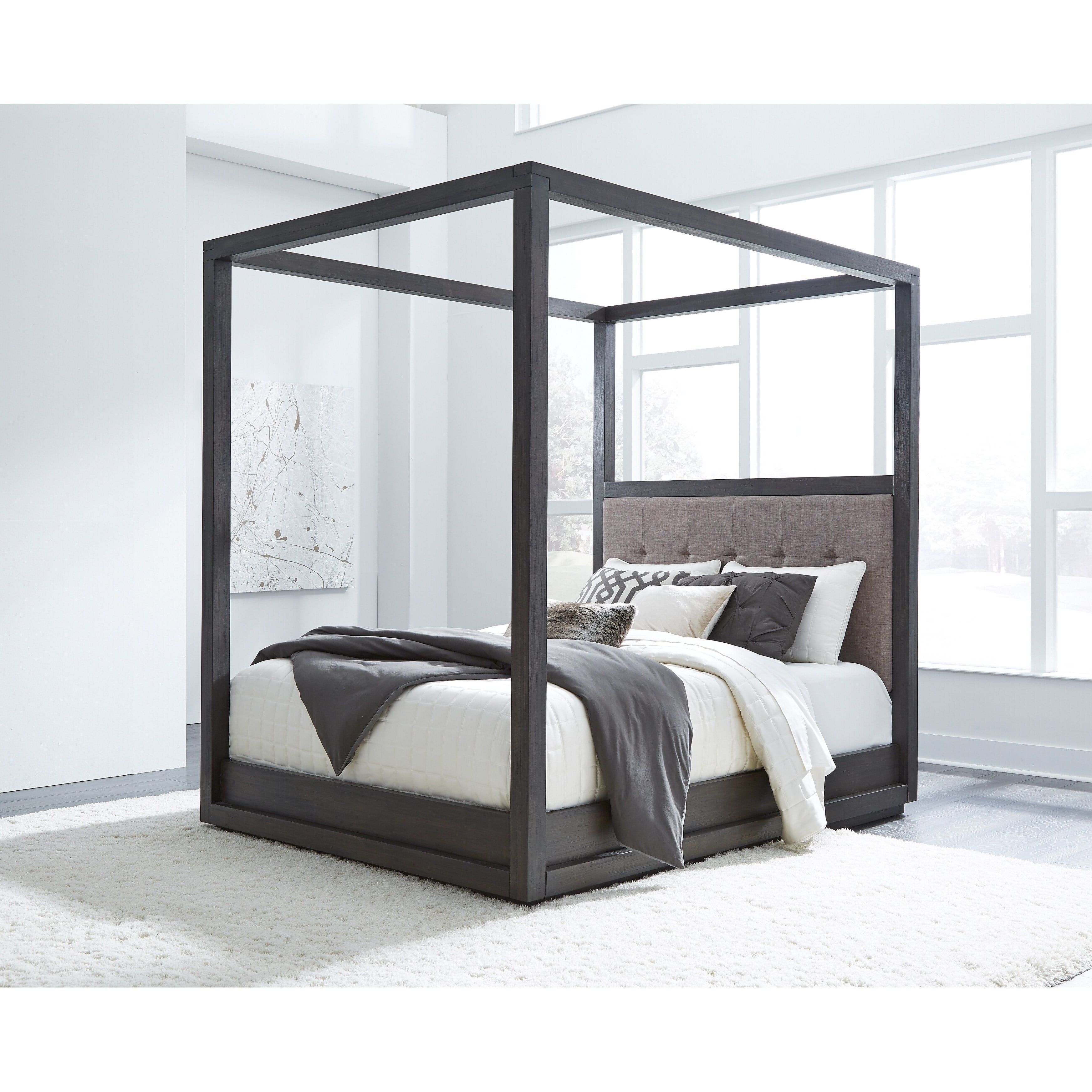 Modern Dolphin Gray Upholstered Full Canopy Bed with Storage
