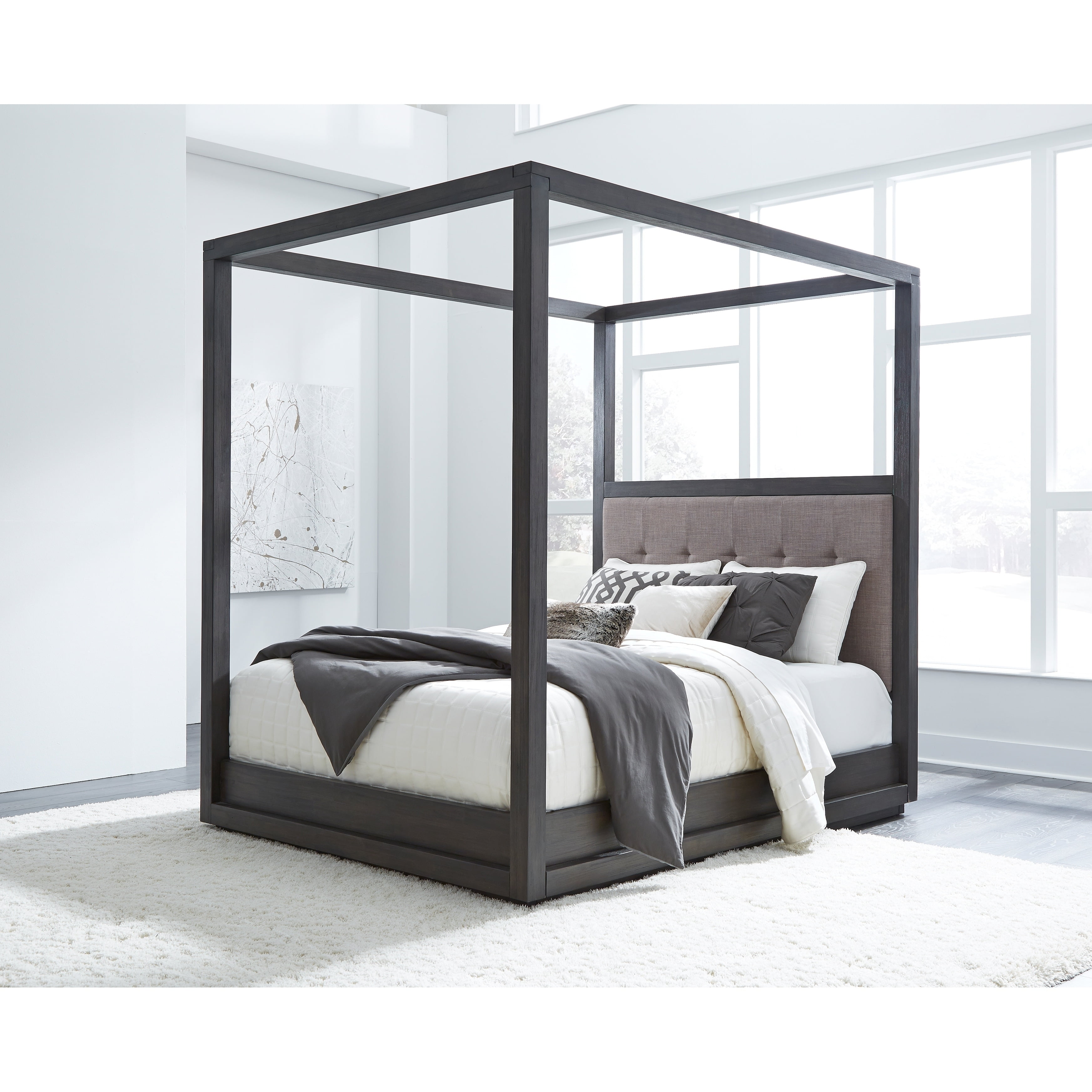 Modern Dolphin Gray Upholstered Full Canopy Bed with Storage