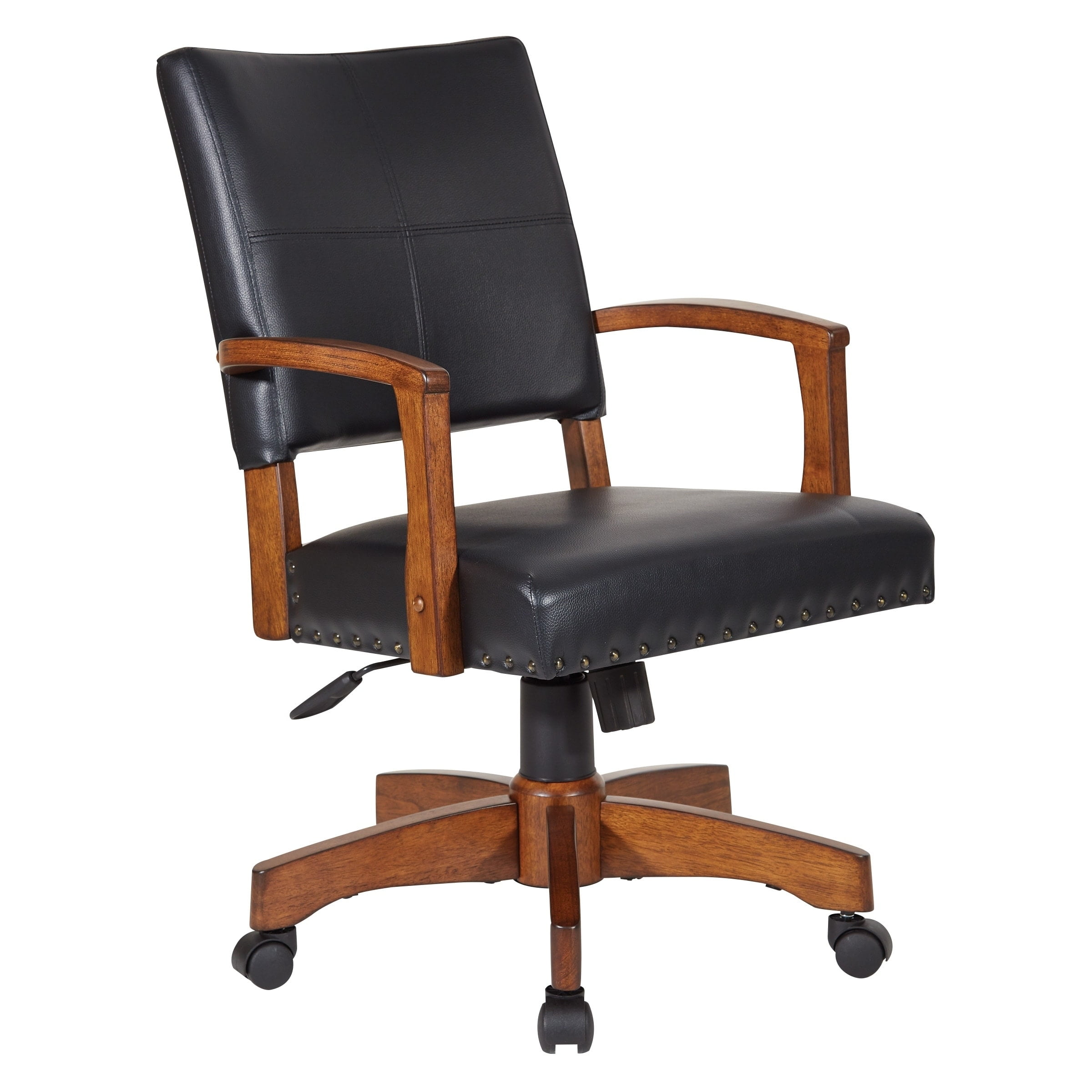 Deluxe Black Leather Swivel Banker Chair with Wood Accents
