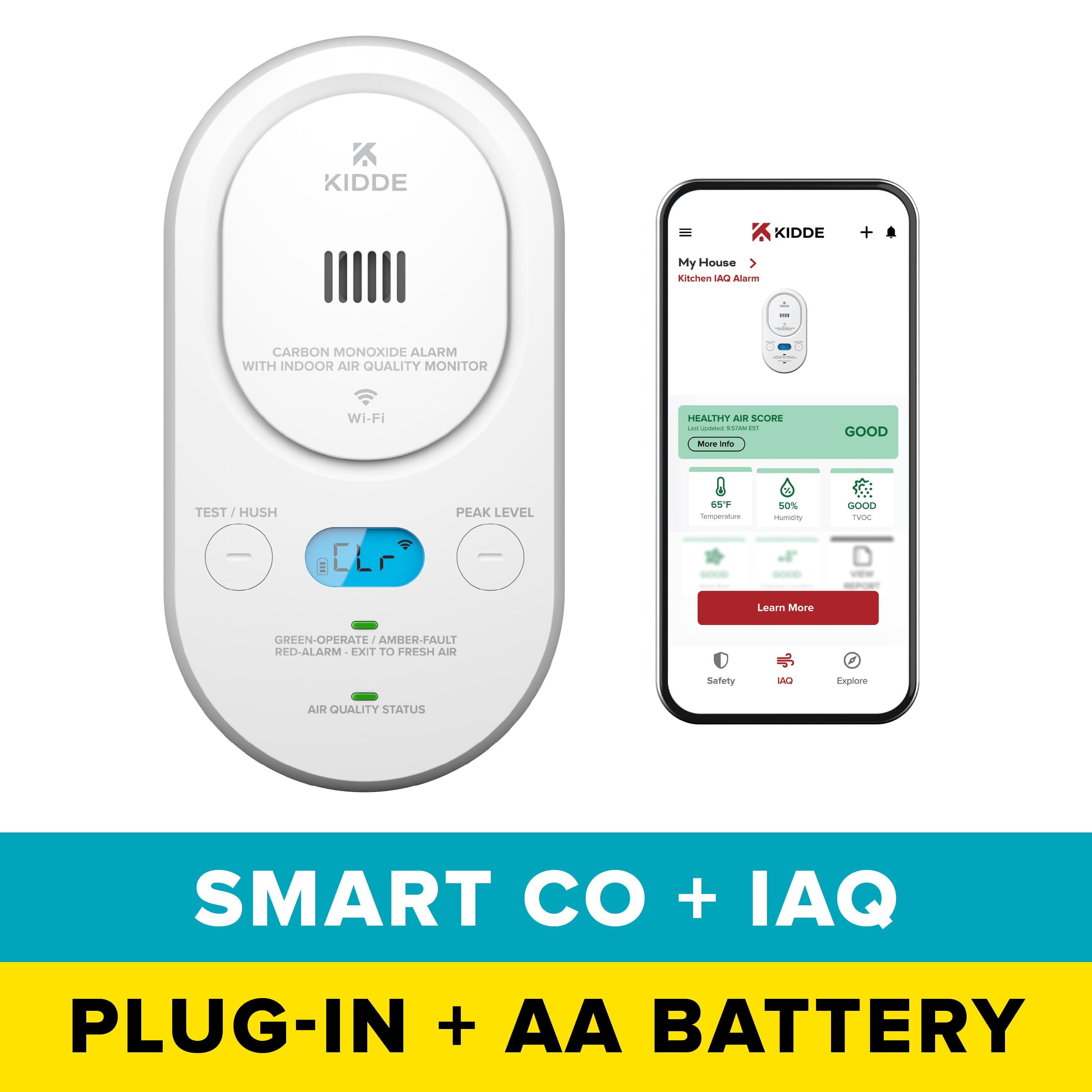 Kidde Smart Carbon Monoxide Detector & Indoor Air Quality, Plug-In with AA Battery Backup, COPDLQW