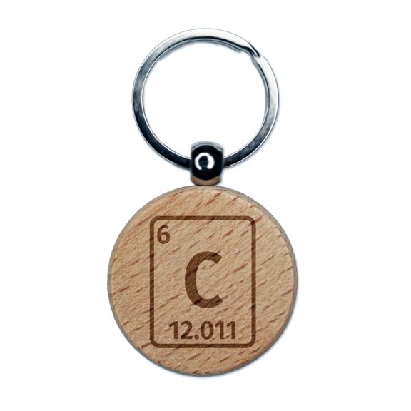 Carbon Periodic Table of Elements Science Chemistry Round Keychain Charm Tag - Engraved Wood