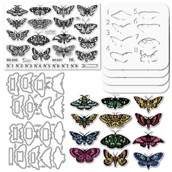 Carbon Steel 1 set 2pcs Moth Carbon Steel Cutting Dies Stencils with 4pcs PET Hollow Out Drawing Painting Stencils with 1pc PVC Stamps Insects 127~210x106~150x0.8~30mm