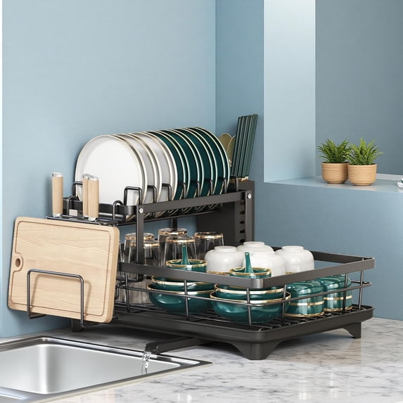 Carbon Steel 2-Tier Dish Drying Rack – Space Saving Kitchen Counter ...