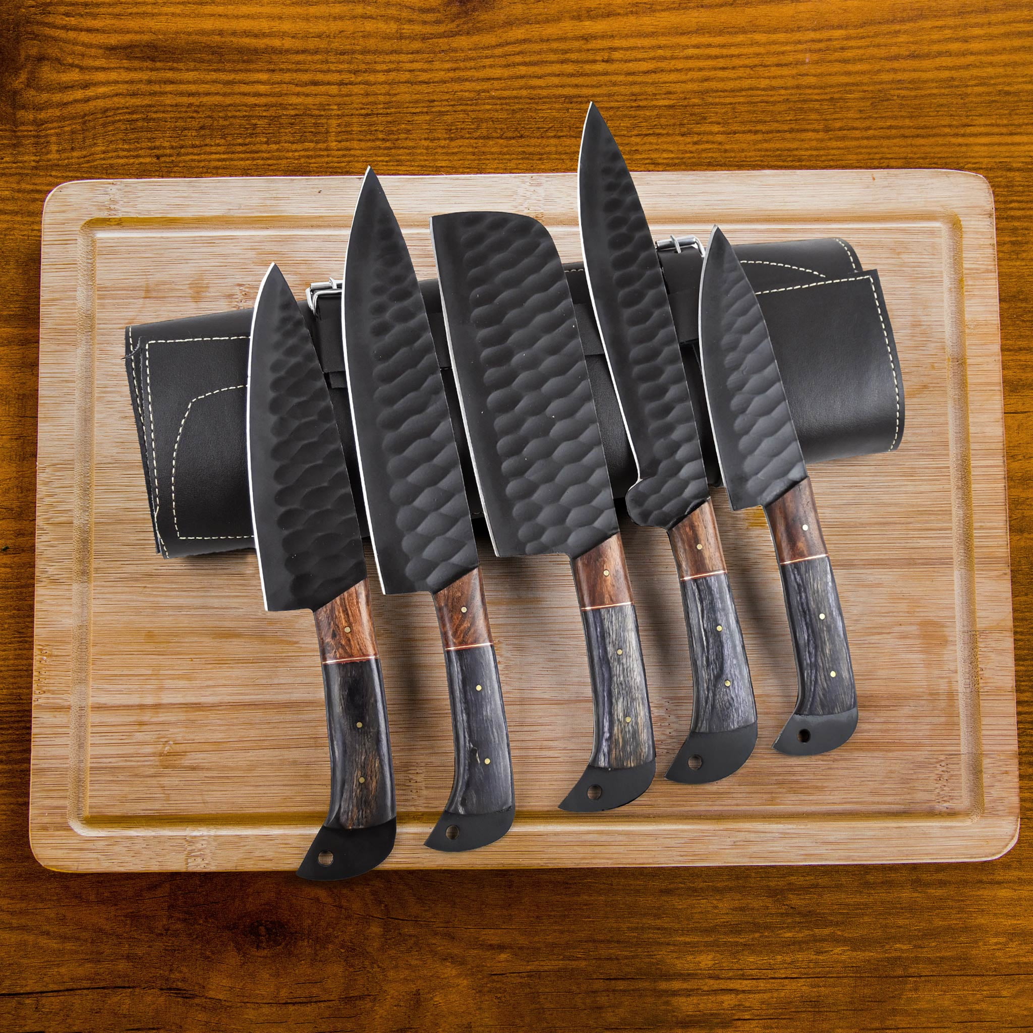 Carbon Steel Chef Knives Set of 5 with Wenge Wood Handles Powder Coated Utility Kitchen Knife Set