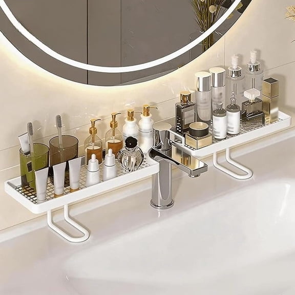 Carbon Steel Faucet Storage Shelf, Over Sink Faucet Storage Rack, No-Drill Free Standing Faucet Storage Shelf, Widened U-Shaped Groove with A Hollowed-Out Bottom Design(White)