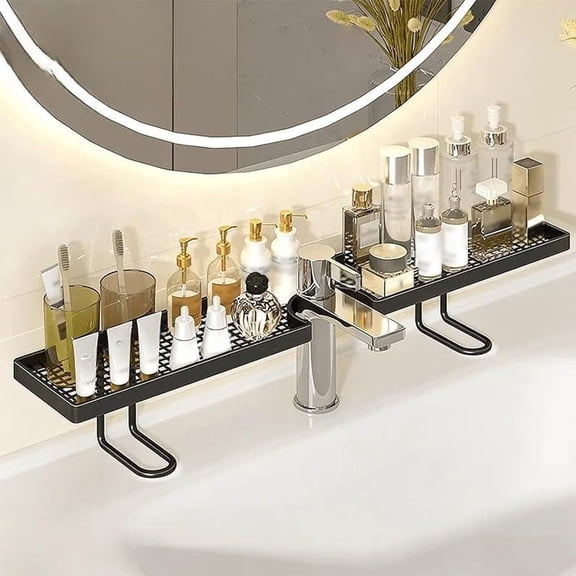 Carbon Steel Faucet Storage Shelf, Over Sink Faucet Storage Rack, No-Drill Free Standing Faucet Storage Shelf, Widened U-Shaped Groove with A Hollowed-Out Bottom Design, Easy Drainage (Black)