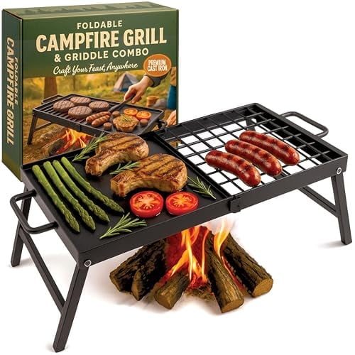 Carbon Steel Foldable Campfire Grill  Portable Grill Grate & Griddle with Large Non-Stick Surface, Sturdy Fold-Out Legs, Compact for Storage, Use Over Fire Pit