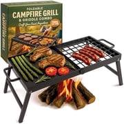 Carbon Steel Foldable Campfire Grill   Portable Grill Grate & Griddle with Large Non-Stick Surface, Sturdy Fold-Out Legs, Compact for Storage, Use Over Fire Pit