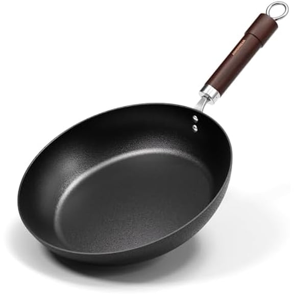 Carbon Steel Frying Pan, Pre-Seasoned 11-Inch Cooking Skillet Wooden Handle, PFAS & PFOA-Free, Nitrided Black Fry Pan for Kitchen, Camping, Chef Use$$Home Decor, Kitchen, & Other