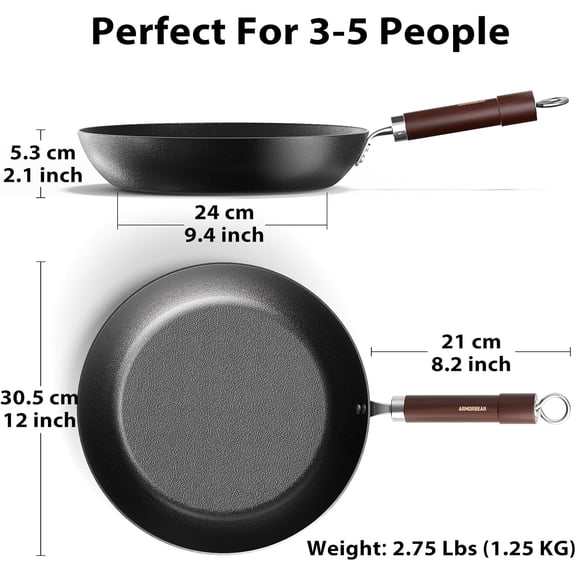 Carbon Steel Frying Pan, Pre-Seasoned 12-Inch Cooking Skillet Wooden Handle, PFAS & PFOA-Free, Nitrided Black Fry Pan for Kitchen, Camping, Chef Use