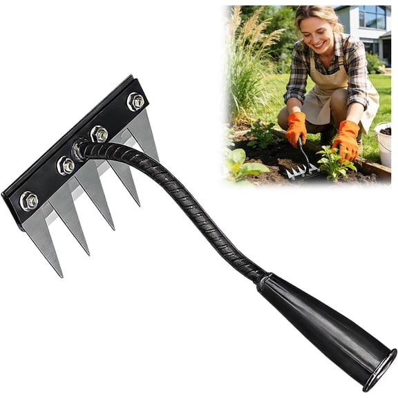 Carbon Steel Garden Hand Rake, Garden Hand Rake Tool, Iron Weeding Rake 2.0, Iron Rake for Yard Lawn and Garden, Heavy-Duty Gardens Hand Weeder Puller Tool for Gardening and Weedings(5 Teeth)