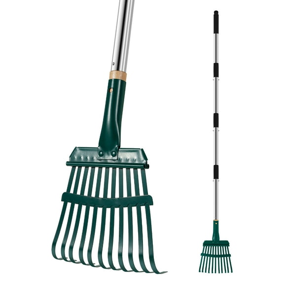 Carbon Steel Garden Leaf Rake With 11 Prong High Strength Detachable Flower Bed Rake With 4 Section Handle for Lawn Yard Tight Space