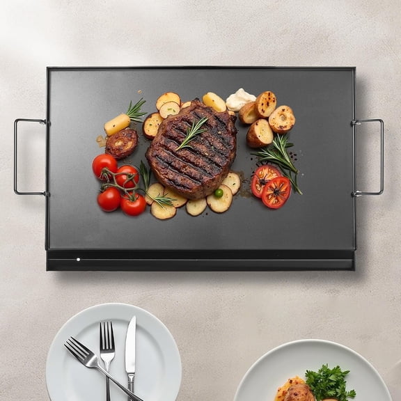 Carbon Steel Griddle, Flat Top Plate, Griddle for BBQ Charcoal/Gas Gril with 2 Handles, Rectangular Flat Top Grill with Extra Drain Hole for Tailgating and Party