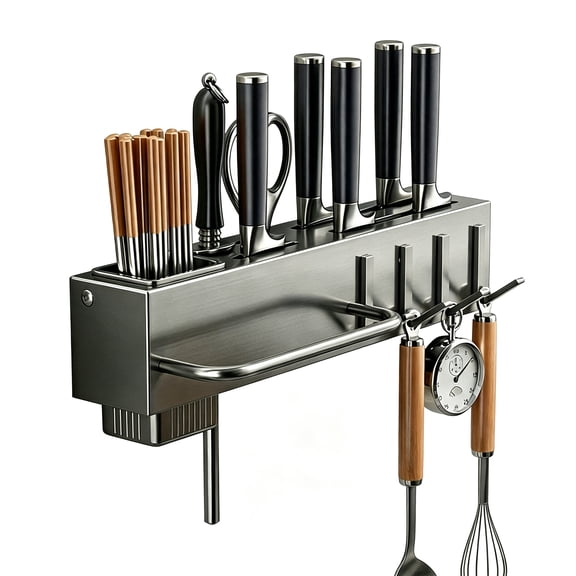 Carbon Steel Kitchen Wall-Mounted Storage Rack, Drill-Free Multi-Functional Knife Holder with Chopstick Holder, Hooks, and Towel Bar for Kitchen and Wall Storage