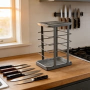 Carbon Steel Knife Block With Drain Tray, Gray, Slanted Knife Stand and Countertop Knife Storage Organizer for Kitchen Knives, Scissors, Sharpening Rod