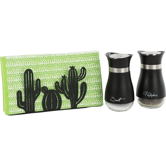 Carbon Steel Napkin Holder with Cactus Design and Black Salt and Pepper Set