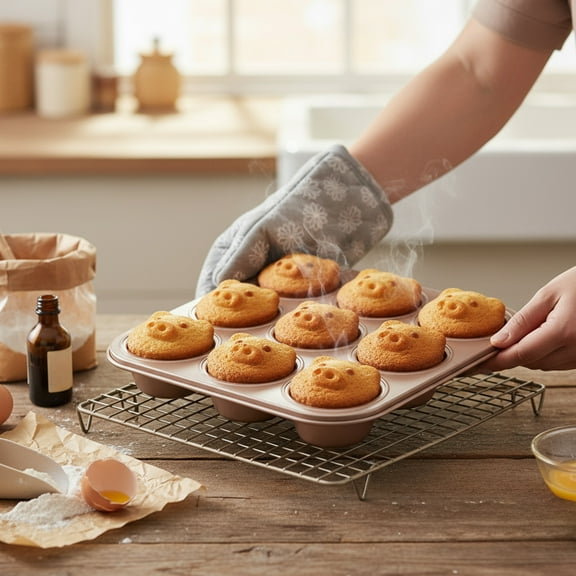 Carbon Steel Non-Stick 9-Cavity Cake Pan, Heavy-Duty Cupcake Baking Tray, 9-Round Cavity Carbon Steel Pan with Non-Stick Coating, Squares Designs with Round Molds for Thickened Cupcakes & Muffins