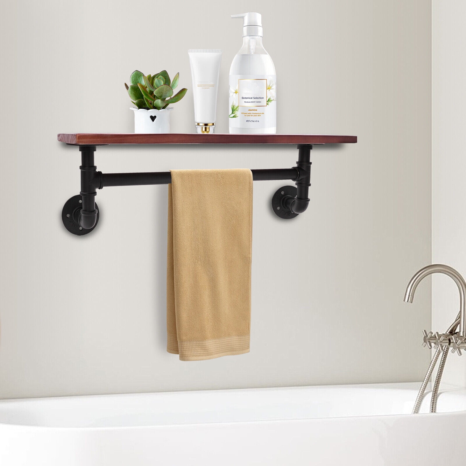 Carbon Steel Pipe Shelf Industrial Bathroom Shelf W/Towel Bar Rustic ...