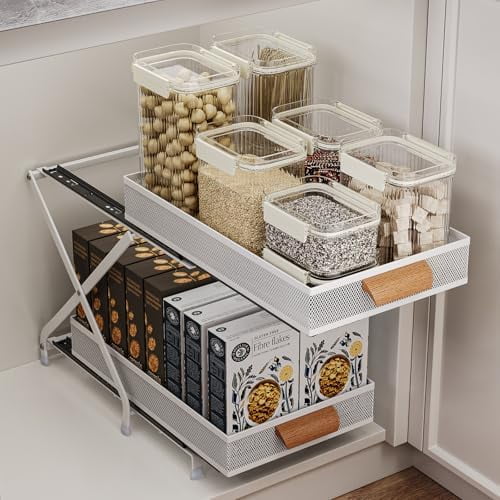 Carbon Steel Pull out Cabinet&Drawer Organizer,Adjusted to 3 different heights(12.4&14.8&16.4),2 Tier Sliding Drawers for Kitchen,Bathroom,Office,Makeup Crafts, Condiment Pull-out basket