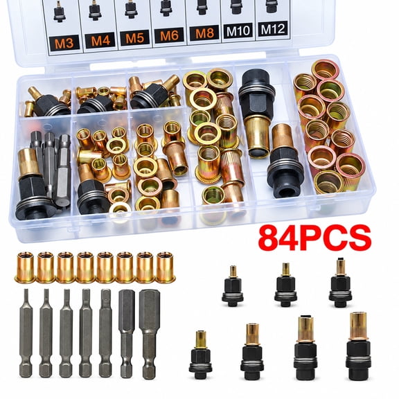 Carbon Steel Rivet Nut Tool Kit, Manual and Drill Rivnut Installation Tool Set with M3 M4 M5 M6 M8 M10 M12 Threaded Rivet Nuts