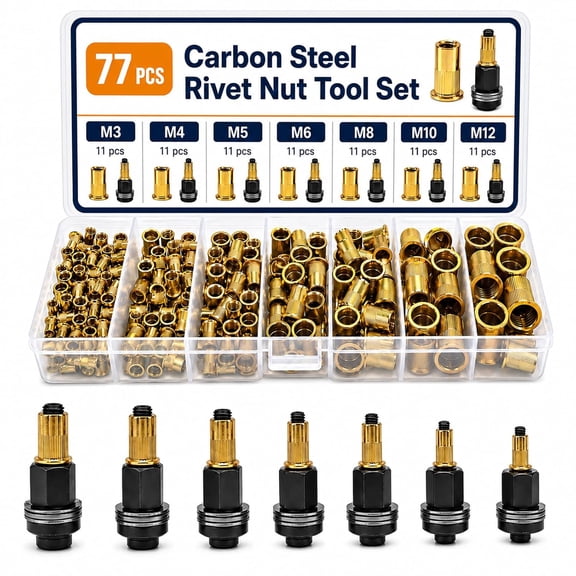 KSFresh Carbon Steel Rivet Nut Tool Kit, Manual and Drill Installation Tool with Threaded Rivet Nuts for Metal Repairs