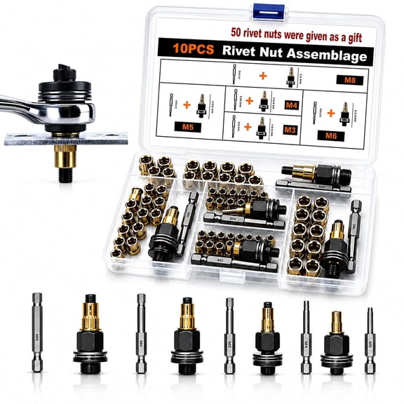 Carbon Steel Rivet Nut Tool Set M3-M8, 50-Piece Metric Installation Kit for Manual Wrench or Drill Use on Metal Pipes, Sheet Metal and Auto Repair