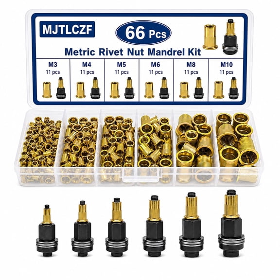 Carbon Steel Rivet Nut Tool Set, Rivet Nut Mandrel Assortment Kit | M3-M12, 6 Mandrels and 66 Flat Head Rivnuts, Hand Riveter Accessories for Nuts and Bolts