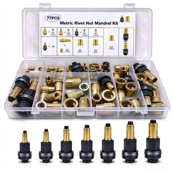 77PCS Carbon Steel Rivet Nut Kit, M3-M12 Mandrels with 70 Flat Head Rivnuts, Hand Riveter Accessories for Nuts and Bolts