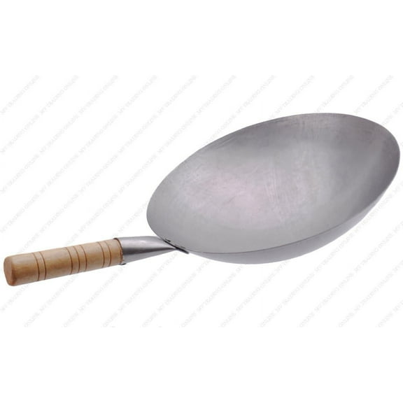 Carbon Steel Round Bottom Pow Wok with Wooden Helper Handle, 16-Inches 16 IN