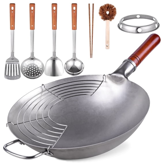 Carbon Steel Round Bottom Wok, 13.4 Inch, With 8 Cookware Accessories