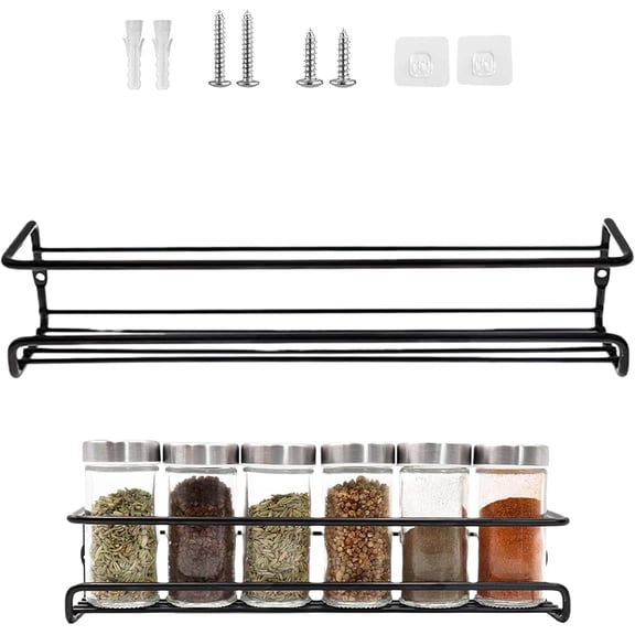 Carbon Steel Wall-Mounted Kitchen Spice Rack, 11.4 Inch Adjustable No-Drill, Multifunctional Space-Saving Condiments Jars Storage Shelf, for Cabinet Door Pantry Bathroom (Black*1)