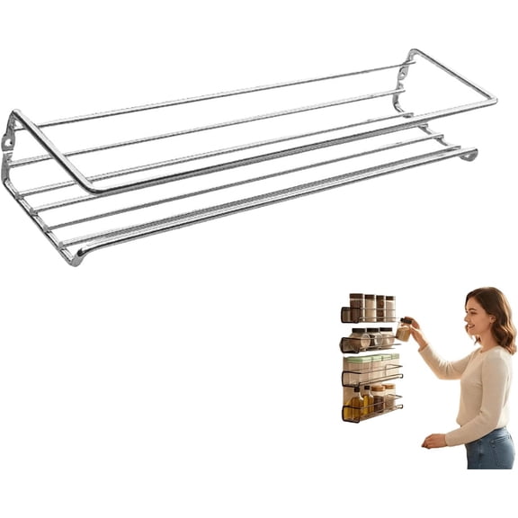 Carbon Steel Wall-Mounted Kitchen Spice Rack, No-Drill Wall-Mounted Spice Rack, SpiceRack for Cabinet Door Storage, For Kitchen Organization(silver*1)