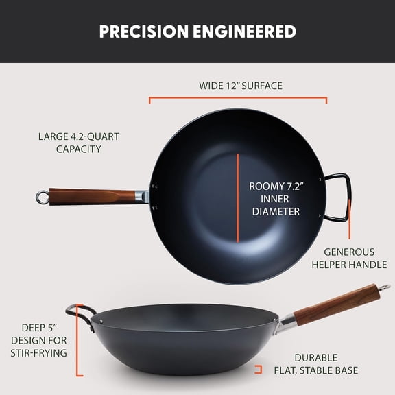 Carbon Steel Wok 12", Flat Bottom, Stir-Fry Pan, Pre-Seasoned Nonstick Patina, High Heat Retention, Induction, Ash Wood Handle, Kyoto, Black
