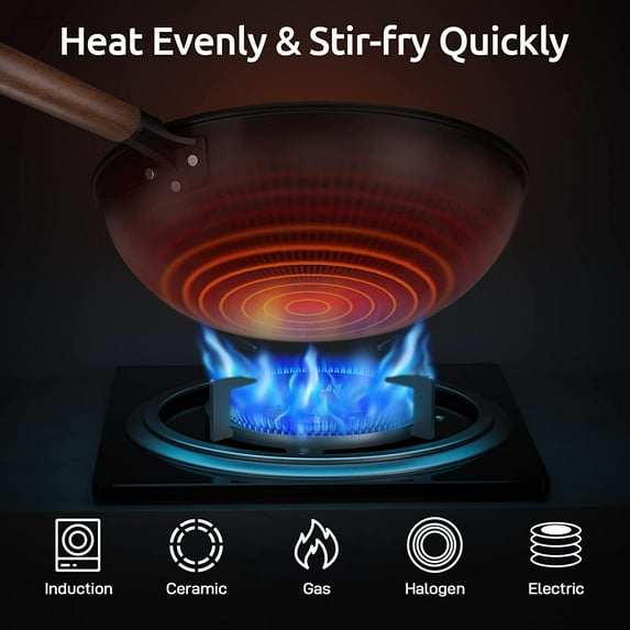 Carbon Steel Wok 13-Inch Pre-Seasoned Non-Stick with Lid and Spatula for Stovetop Cooking